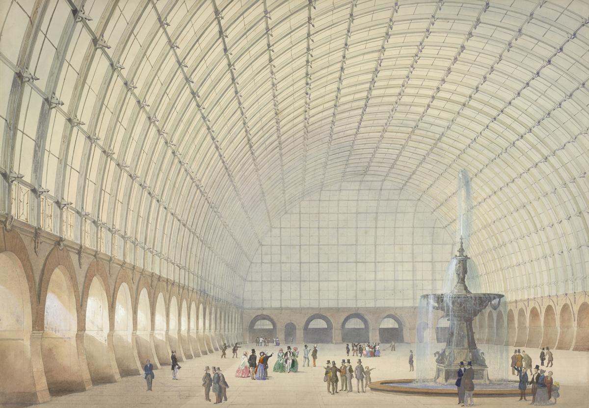 Paul Wilhelm Eduard Sprenger: Design for an exercise and industrial exhibition hall in Vienna, perspectival interior view, 1853