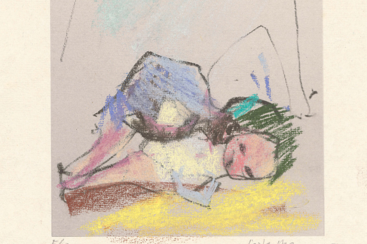 Drawing of a reclining figure in front of a mountain panorama. Credit: Leiko Ikemura | Motherscape, 2026 | 5/12