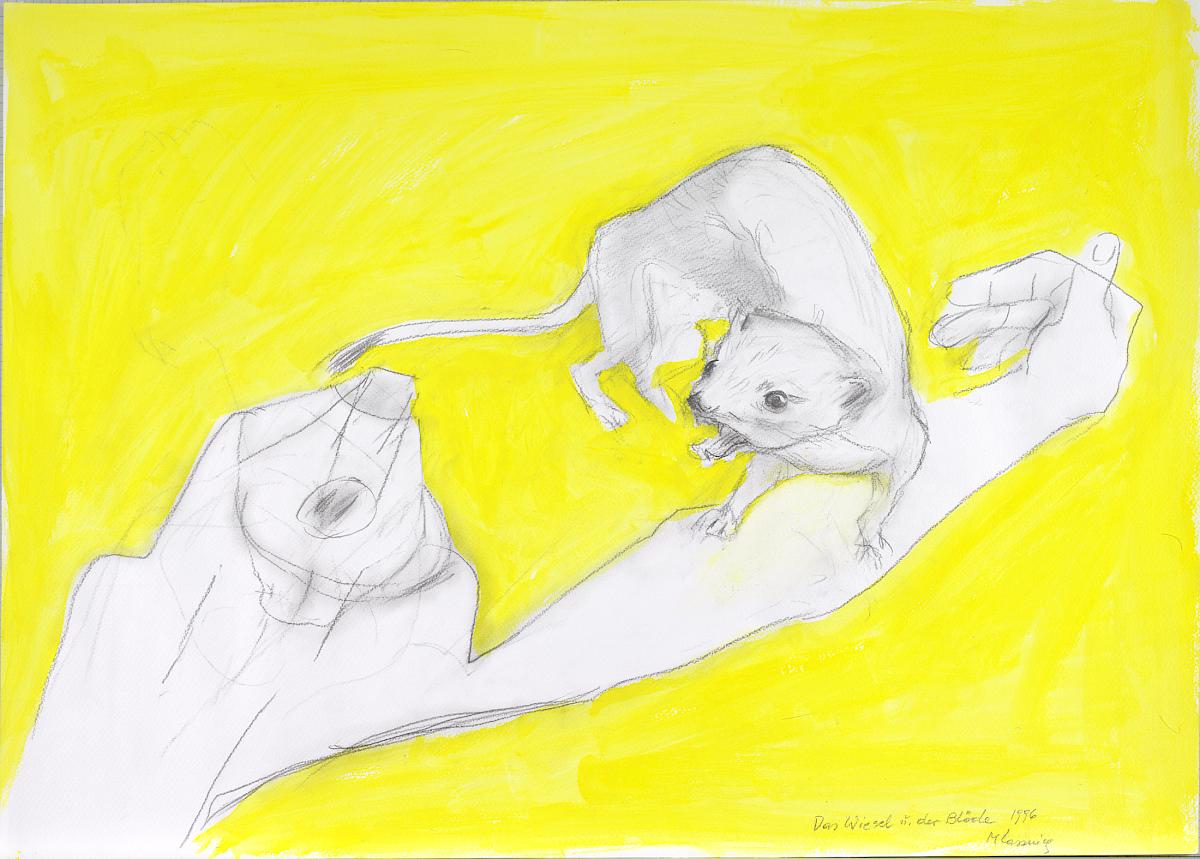 Maria Lassnig: Das Wiesel und der blöde Mensch, 1996