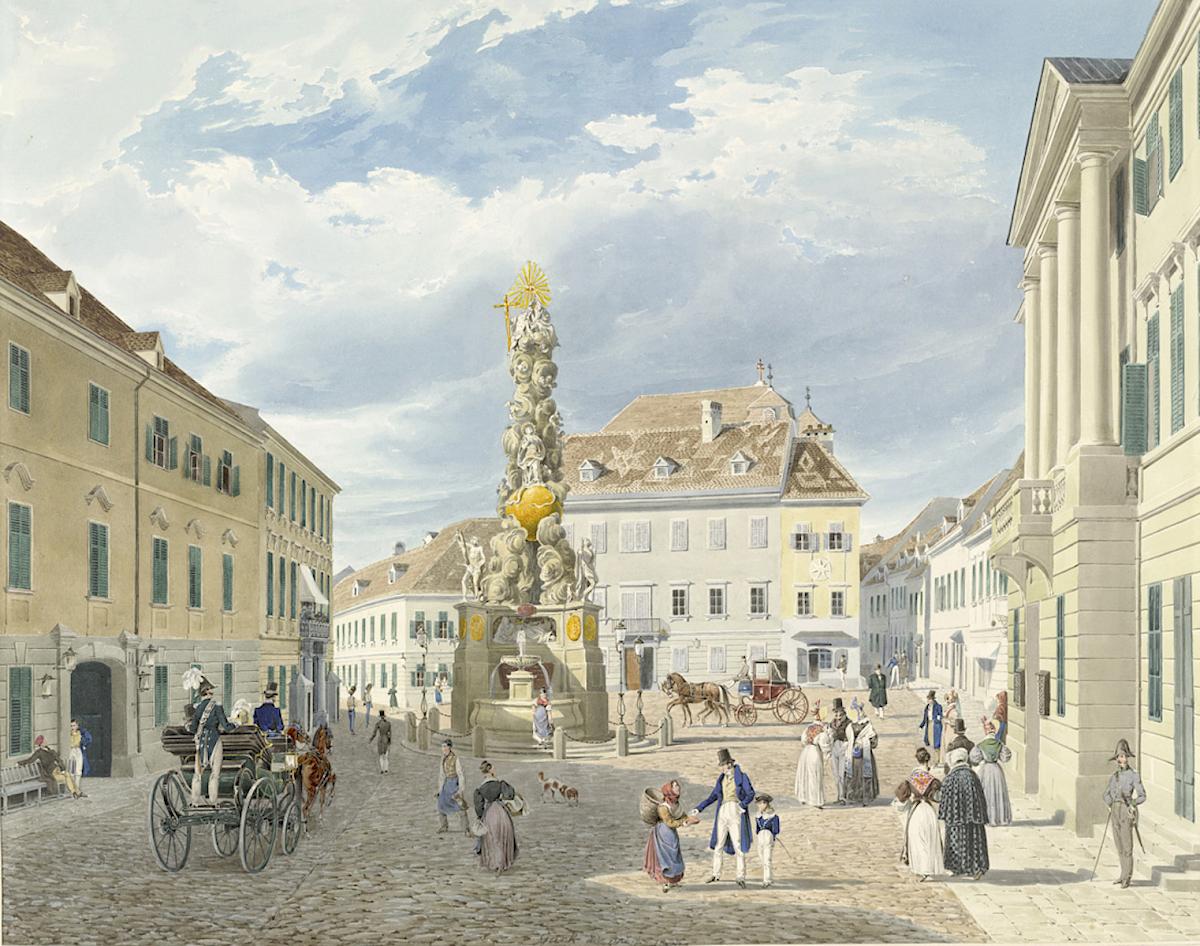 Eduard Gurk: The Old Town Square and Ferdinand’s Fountain in Baden near Vienna, 1833