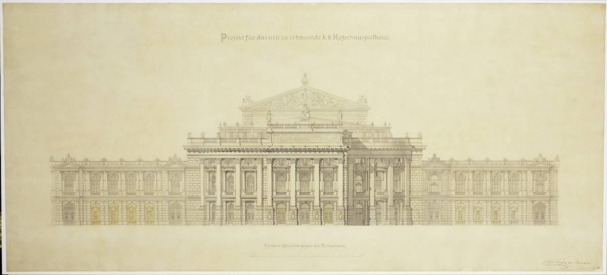 Gottfried Semper, (Freiherr) Carl von Hasenauer: Vienna, 1st district, Burgtheater, Ringstrasse façade, front view, 1 July 1873