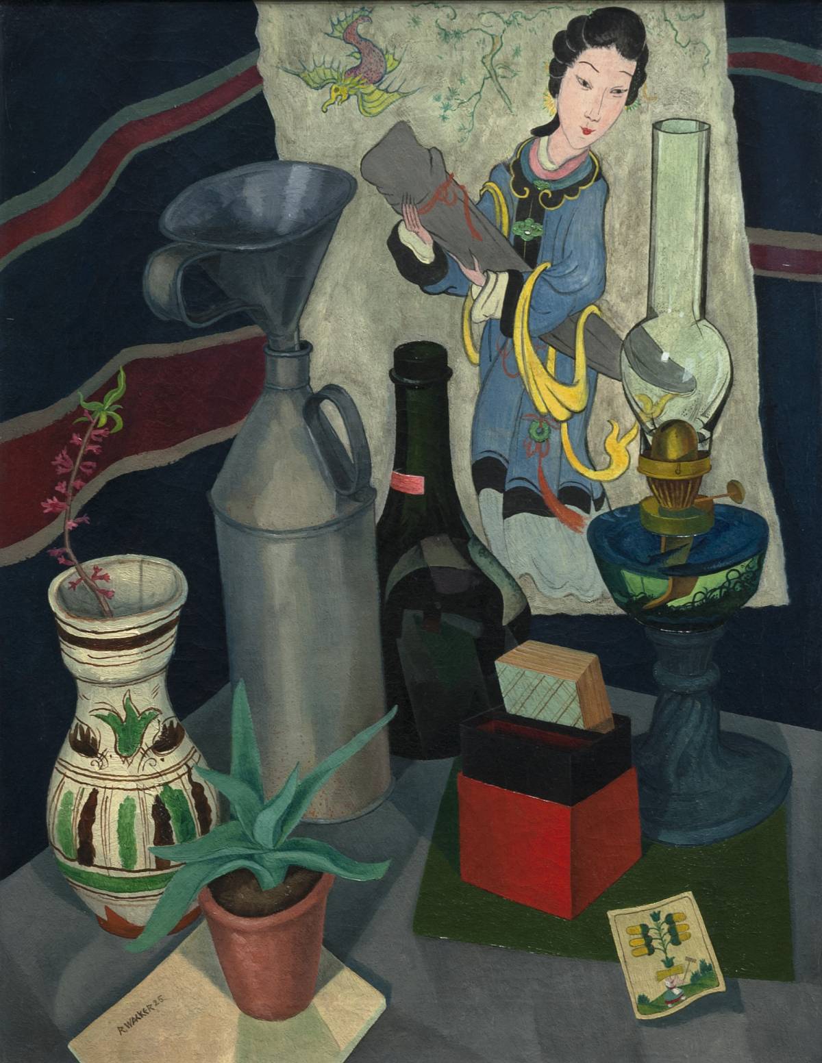 Rudolf Wacker: Stillleben Ölkanne, Topfpflanze, Chinesenbild, 1925